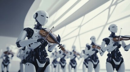 An AI-driven robotic orchestra performing a symphony in a futuristic concert hall, Musical style, photo of