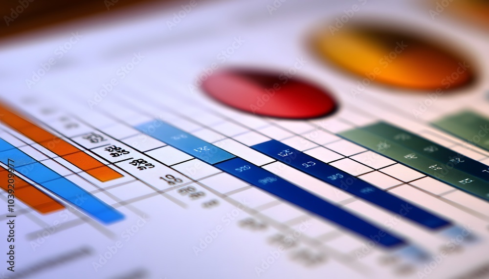 Poster A close-up of a colorful data report featuring bar and pie charts, illustrating various statistical information in a clear, visual format.
