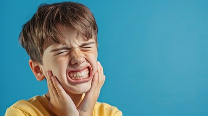 Young Boy Suffering from Toothache and Gingivitis, Dental Pain and Discomfort Due to Plaque and Periodontitis, Urgent Pediatric Care and Oral Hygiene in Blue Clinic