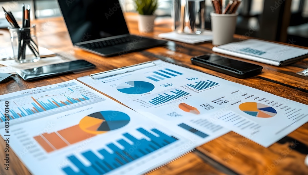 Poster a workspace featuring charts and graphs on a wooden table, alongside a laptop and office supplies, i