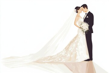 A bride and groom in wedding attire, illustration vector style with a white background