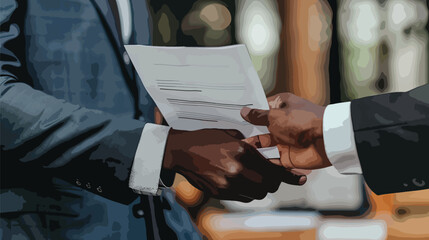 Obraz premium A manager handing a performance review document to an employee, with both showing mutual respect, illustrating accountability in workplace evaluations, Accountability