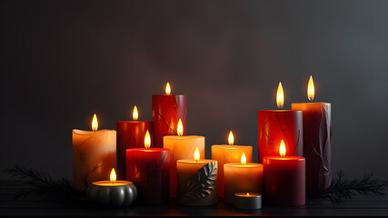 A row of candles with different colors and sizes, some of which are lit