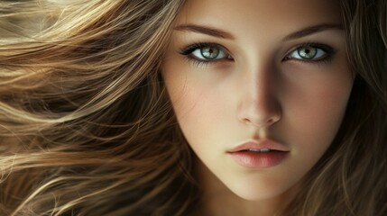 Fototapeta premium Captivating Portrait of a Young Woman with Flowing Hair