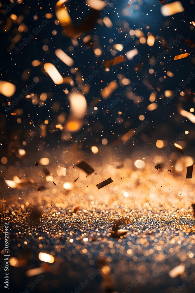 Poster A dazzling display of golden particles floating in the air, creating a magical, sparkling effect against a dark background.