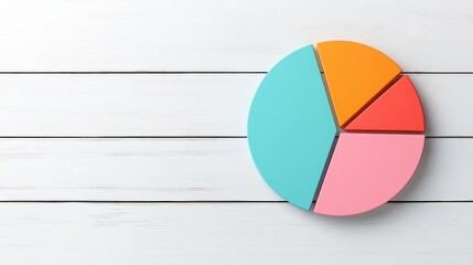 Fototapeta premium Colorful pie chart on wooden surface, representing data visualization.