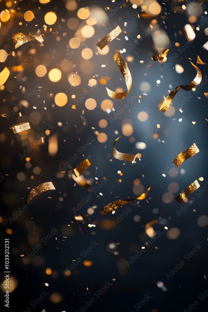 Poster a festive background featuring shimmering golden confetti and sparkling bokeh lights, perfect for ce