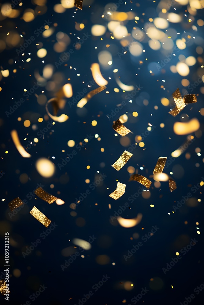 Poster a dazzling display of golden confetti falling against a dark background, creating a festive and cele