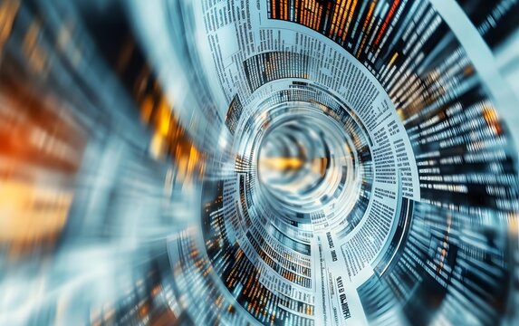 A swirling pattern of vibrant data streams suggests motion and technology, evoking a sense of digital connectivity and information flow.