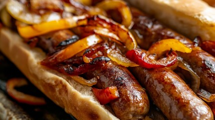 Grilled Sausages with Bell Peppers on a Bun
