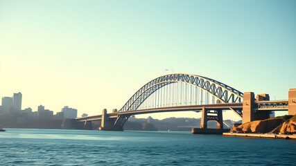 Obraz premium A bridge spans a river, with a city in the background