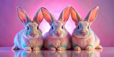 Obraz premium Three fluffy rabbits with long ears pose against a pink background, their fur illuminated by colorful lighting, creating a whimsical and captivating scene.