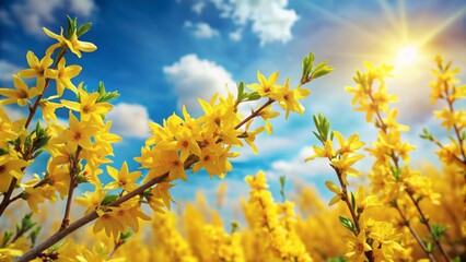 Obraz premium Vibrant Yellow Forsythia Branch Bursting with Bright Flowers Against a Clear Blue Sky Background