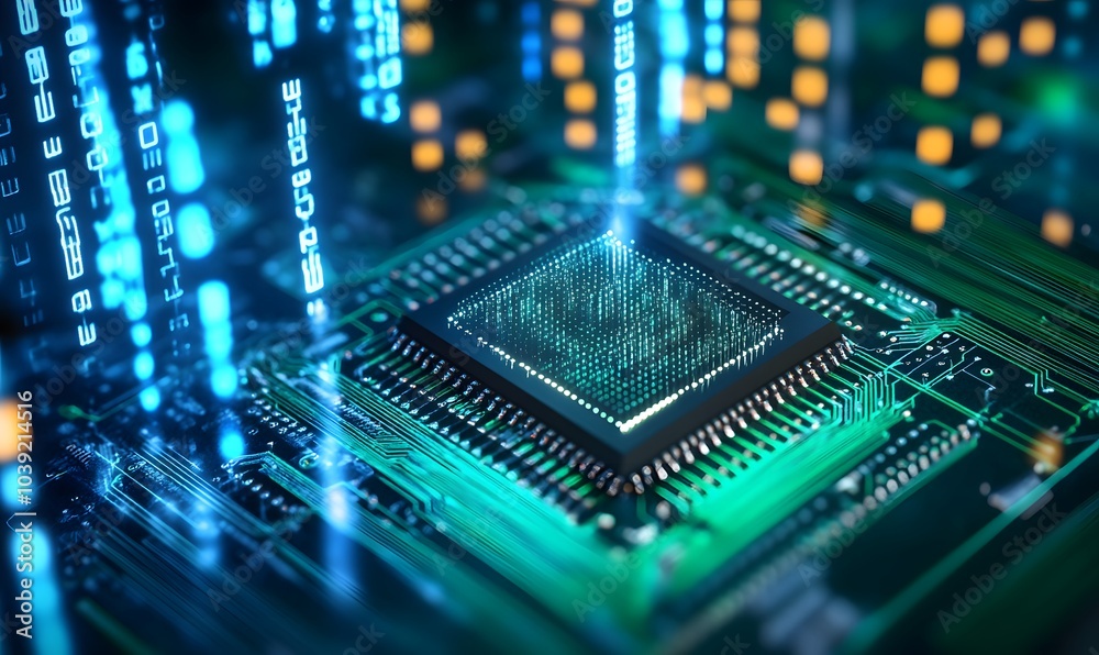Aufkleber A close-up of a microchip surrounded by glowing binary code, showcasing advanced technology and data processing capabilities.