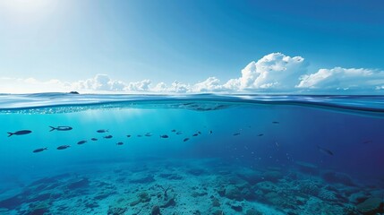 Fototapeta premium Modern and clean ocean backdrop with sleek fish forms navigating a serene sea, leaving ample space for stylish content integration