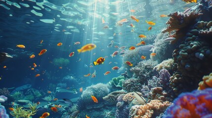 Fototapeta na wymiar Refreshing underwater background with tropical fish swimming harmoniously through lively corals, offering a spacious area for elegant content placement