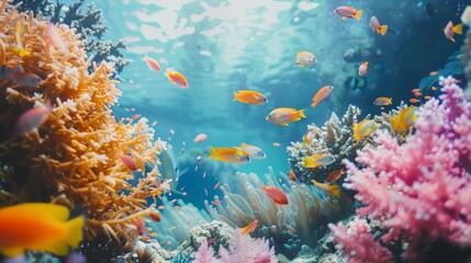 Naklejka premium Serene underwater composition with diverse fish species moving gently through soft coral reefs, creating a balanced background with clear space