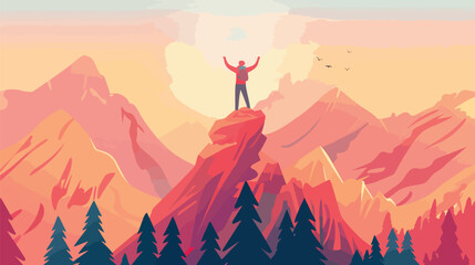 Fototapeta premium A person standing on a mountain peak with arms raised triumphantly, symbolizing personal achievement and empowerment through overcoming challenges, Empowerment