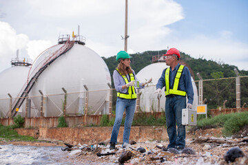 Environmental scientists or workers, wearing safety helmets and gloves, examining waste materials along a shoreline are large industrial tanks environmental waste water or pollution effects concept.