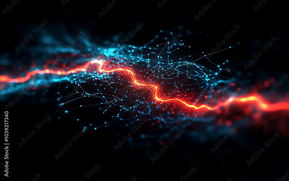 Poster a vibrant display of swirling blue and red particles forming a dynamic energy wave against a dark ba