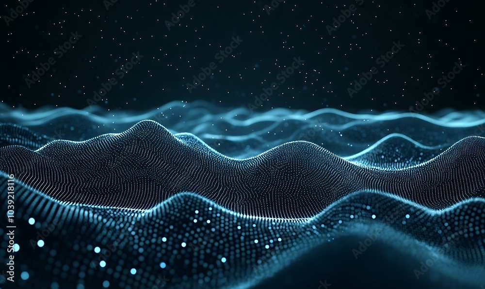 Aufkleber A digital landscape of blue waves and particles, creating a futuristic and abstract scene reminiscent of data visualization.