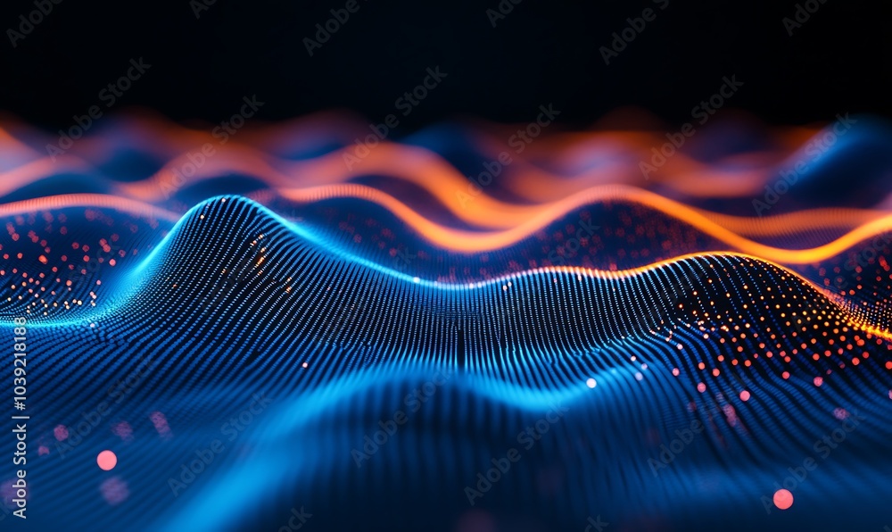 Poster A vibrant display of flowing waves illuminated in blue and orange tones, representing abstract data visualization or sound waves.