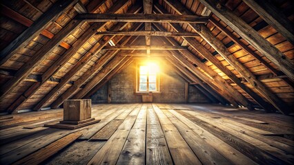 Sunlight streams through a dusty attic window, illuminating the weathered wooden beams and the forgotten space below.