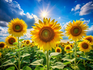 Fototapeta premium Radiant bright yellow sunflowers stand tall against brilliant blue sky, basking in warm sunlight. vibrant flowers create cheerful and uplifting atmosphere in field