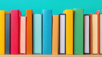 A colorful row of books on a shelf against a teal background, showcasing vibrant spines in various shades and styles.