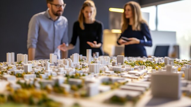 An architect discussing urban planning strategies with city officials, in front of a city model and maps, looking at the camera
