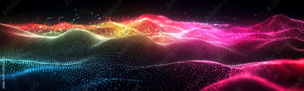 Poster A vibrant, abstract landscape of colorful waves and lights, creating a dynamic visual experience with shimmering particles against a dark backdrop.
