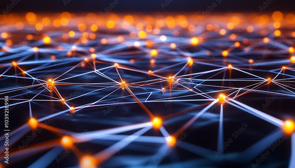 Poster a visually stunning network of glowing nodes and interconnected lines, representing technology, comm