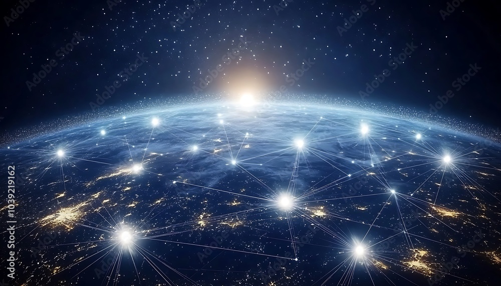 Poster a stunning view of earth from space, illuminated by stars and networked lights, showcasing the beaut