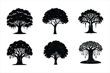 Set of logo type and iconic banyan tree silhouette illustration Vector art black color, tree icon or symble type