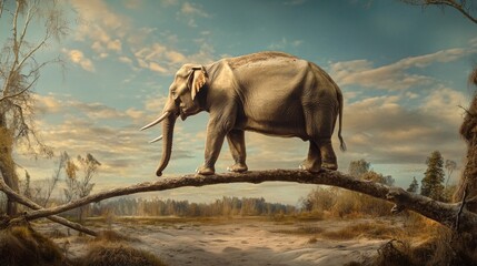 Fototapeta premium A surreal depiction of an elephant carefully balancing on a fallen tree in a wide, open landscape under a blue sky, symbolizing the improbable nature of strength, balance, and tranquility.