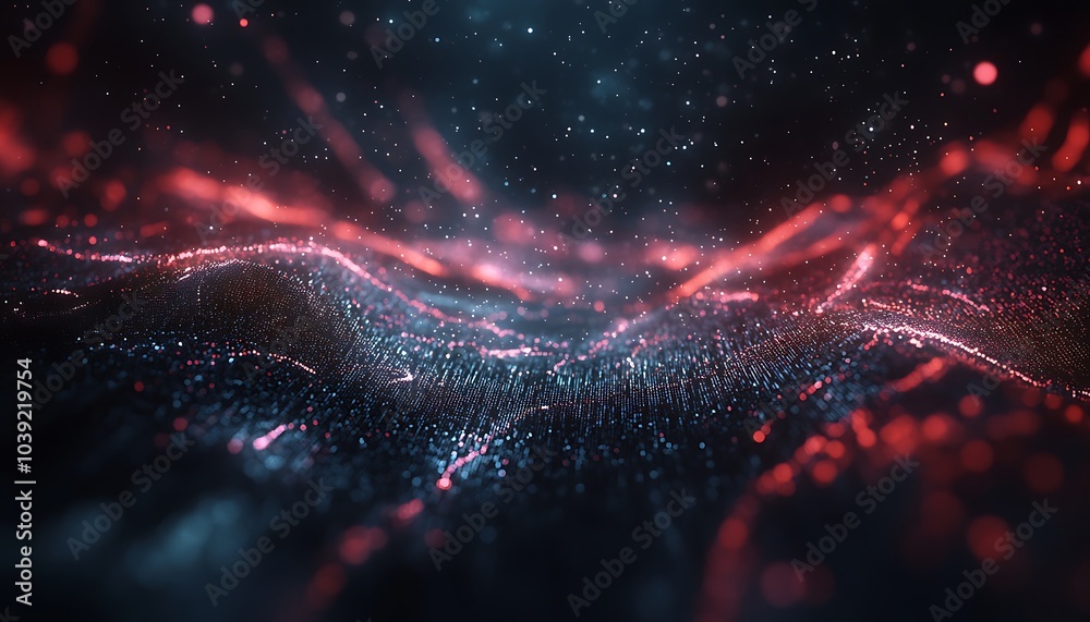 Poster Abstract digital visualization featuring flowing lines and glowing particles in red and blue hues, creating a dynamic, energetic atmosphere.