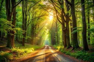 serene forest path illuminated by golden sunlight filtering through lush green canopy above, creating tranquil and inviting atmosphere