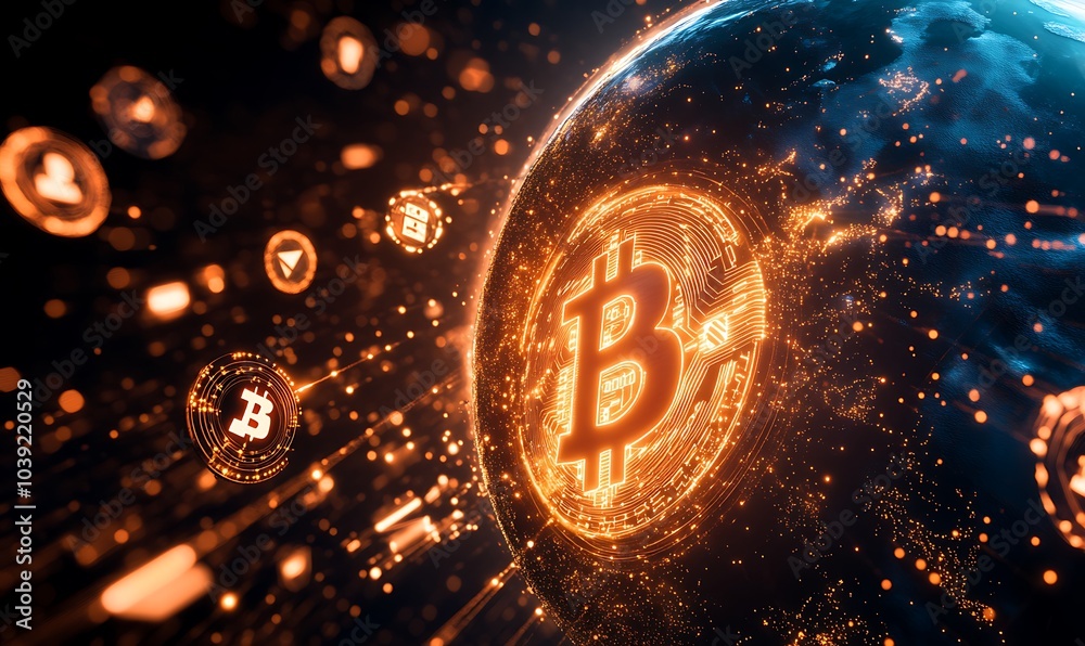 Poster A vibrant digital representation of Bitcoin symbols orbiting around a glowing globe, illustrating the concept of cryptocurrency.