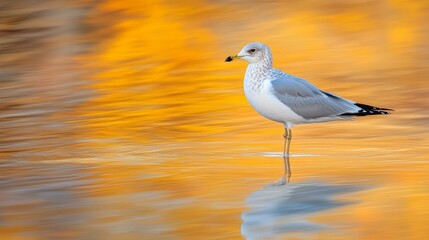 Fototapeta premium Golden Reflections A Solitary Seagull Stands in a Stream of Shimmering Water