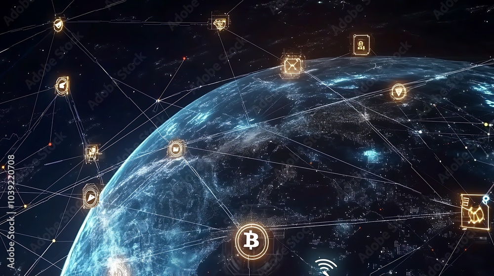 Leinwandbilder a digital illustration showing a network of cryptocurrencies around a globe, highlighting the global