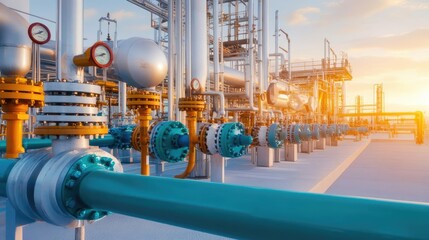 Fototapeta premium Natural gas processing facility, complex piping systems, clean industrial look