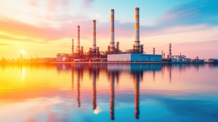 Fototapeta premium Oil refinery plant reflecting on water, serene yet industrial setting
