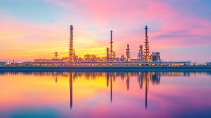 Fototapeta premium Oil refinery plant reflecting on water, serene yet industrial setting