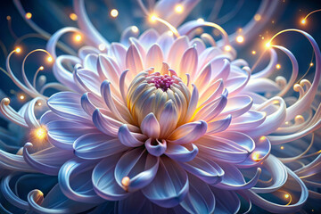 stunning flower with intricate petals radiates soft light, creating magical atmosphere. tendrils of light curl gracefully around edges, enhancing its beauty and charm
