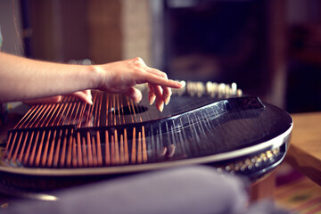 The fingers of a musician who plays the bandura