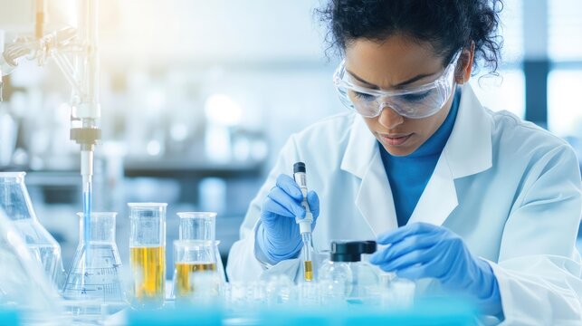 Scientist in lab coat analyzing biofuel samples, advanced processing technology