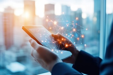 A person using a tablet device with digital connections overlay in a modern urban setting, symbolizing technology and innovation.