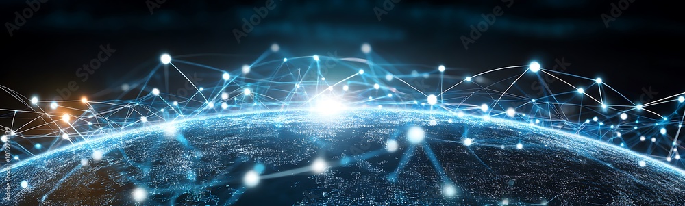 Poster a vibrant digital network of interconnected points, resembling a globe, illuminated against a dark b