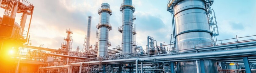 Fototapeta premium Fuel processing plant with towering distillation columns, heavy machinery