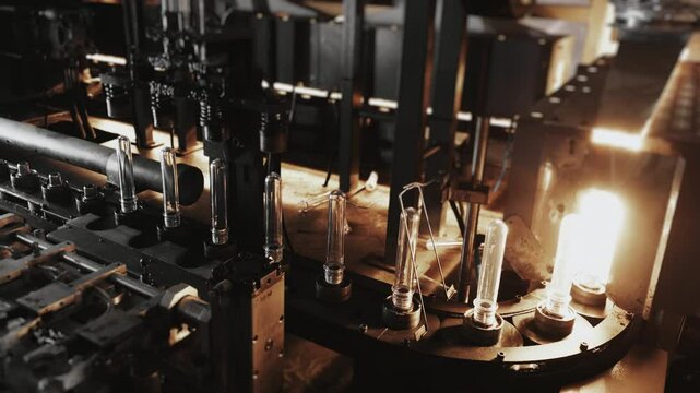 PET preform heating and stretching inside blow molding machine.